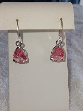Pink Teardrop Crystal Dangle Earrings - Silver Tone